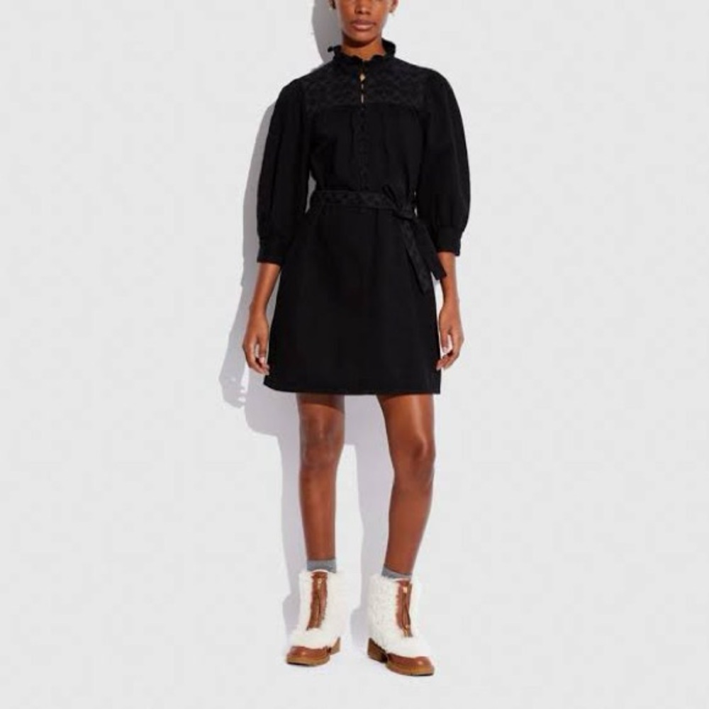 Coach Night out Black Denim Lace Mini Shirt Dress 2 Ruffle Trim Waist Tie Luxury